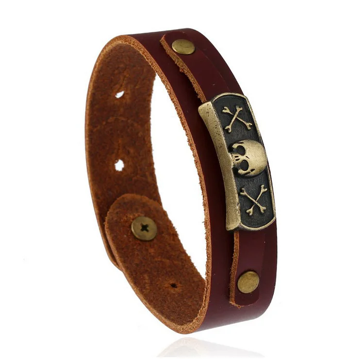 

China wholesale gift premiums adjustable button brown men genuine leather wrist band bracelet