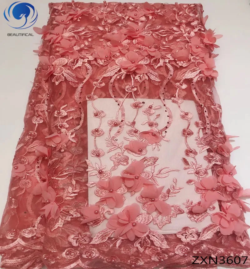 

Beautifical 3d Appliques frnench lace fabrics elegant embroidery beads nigerian net lace fabric for wedding ZXN36, Can be customized