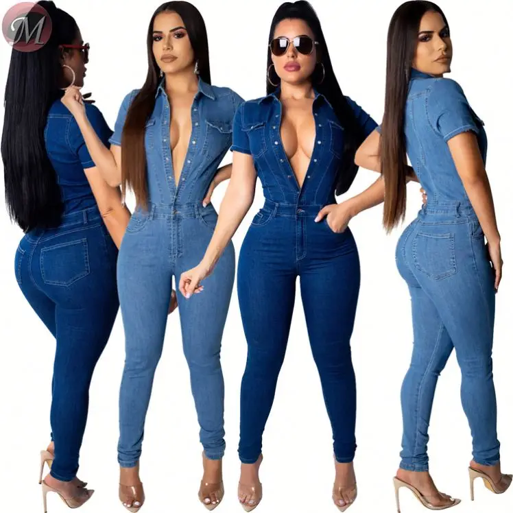 9060917 queenmoen design woman fashion blue pencil denim jumpsuit with button short sleeve