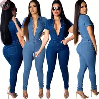

9060917 queenmoen design woman fashion blue pencil denim jumpsuit with button short sleeve
