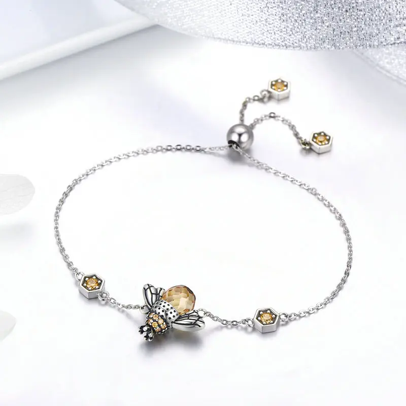 

Beautiful Dancing Honey Bee 925 Sterling Silver Crystal Big Stone Chain Bracelet Jewelry