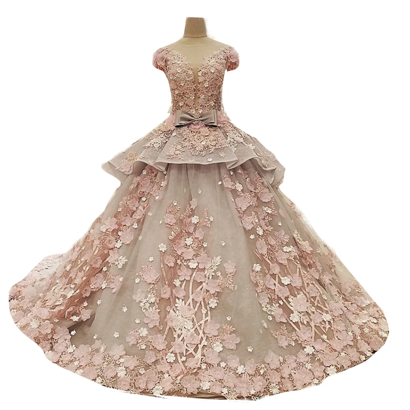

LS83920 real cap sleeves 3d flower pattern peplum hot selling long train elegant evening gown, N/a