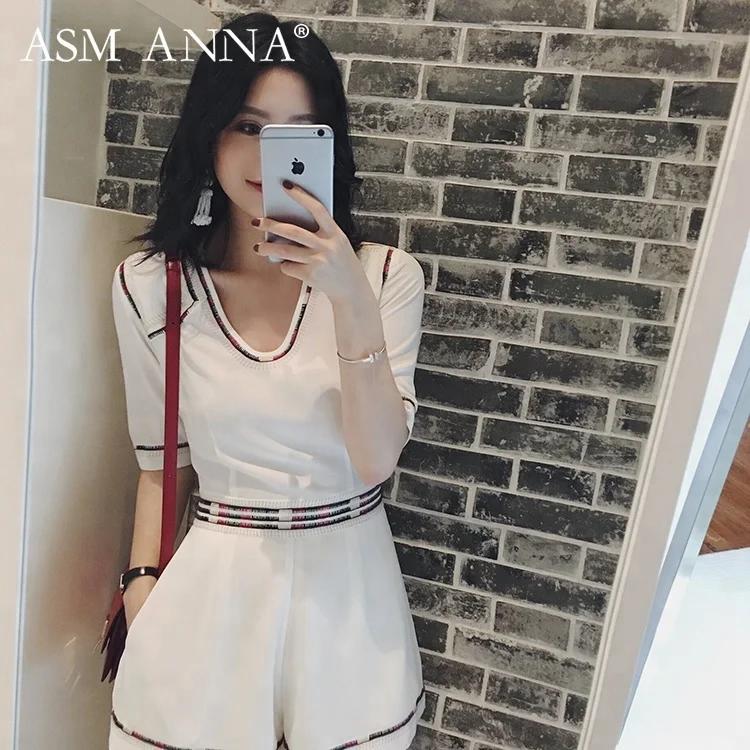 

ASM ANNA new summer U round collar hand embroidered cambric short type women jumpsuits romper, White/black