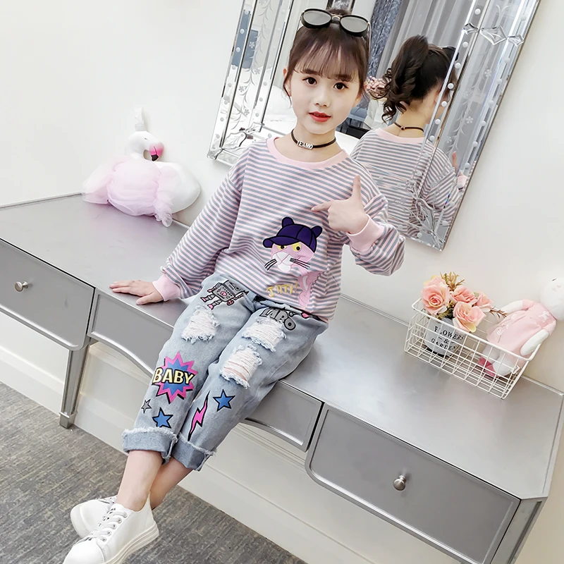 
Hot Sale Girls Spring Fashionable Cartoon Printed Kids Loose Elastic Waist Jeans Pants 