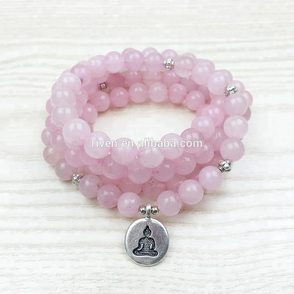 

SN1028 Top Sale buddha pendant bracelet Women Yoga Buddhist 108 Rose Quartz Mala Beads Bracelet, As picture