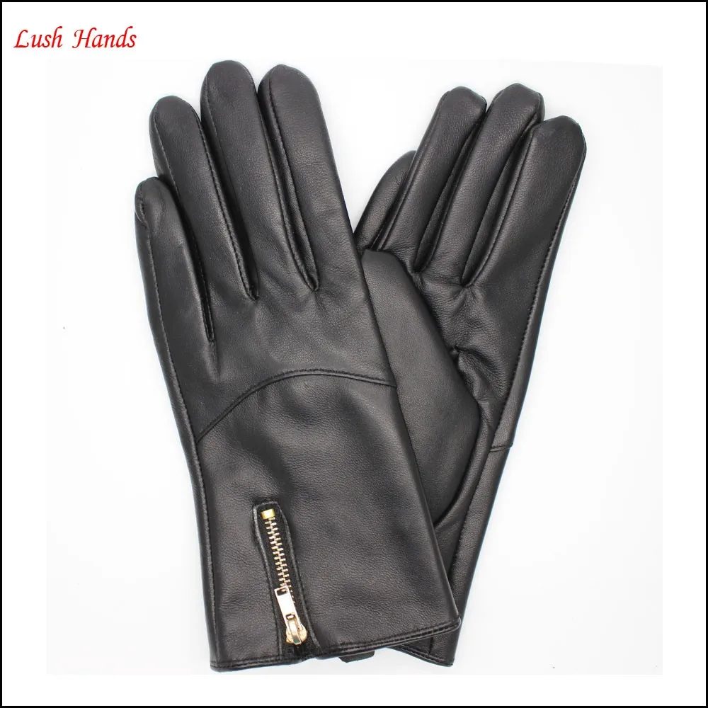 women sheepskin leather gloves have touch screen with zipper