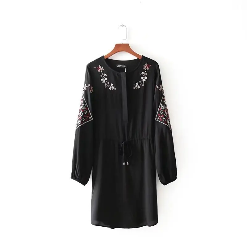 

European style fashion long sleeve black color o neck flower embroidered latest girls dresses