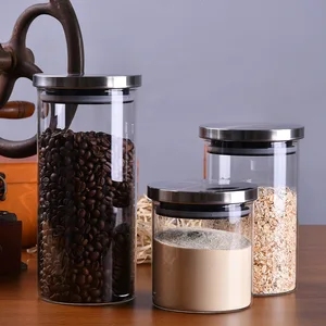 Image of 600 ml airtight home storage glass container jar set with stainless steel lid