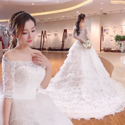 

High-grade wedding gowns korean long trailing off-shoulder lace wedding veil