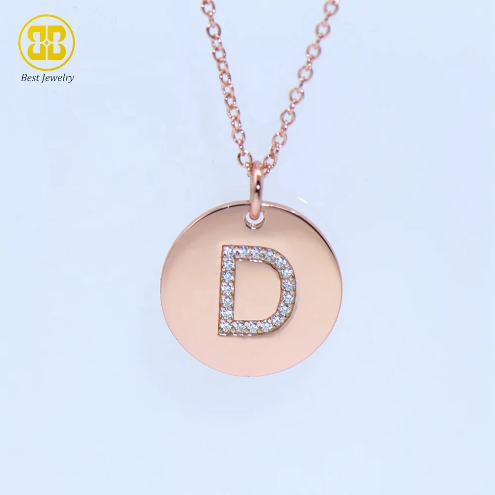 Best Jewelry 925 Silver Pave Setting Cubic Zirconia 18K Rose Gold Plated Letter D 26 Alphabet Initial Disc Charm Necklaces