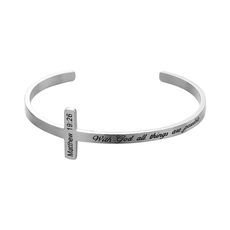 

Loftily jewelry 2020 new arrivals engraved messages 4mm stainless steel cross bangle bracelet for man women, Silver