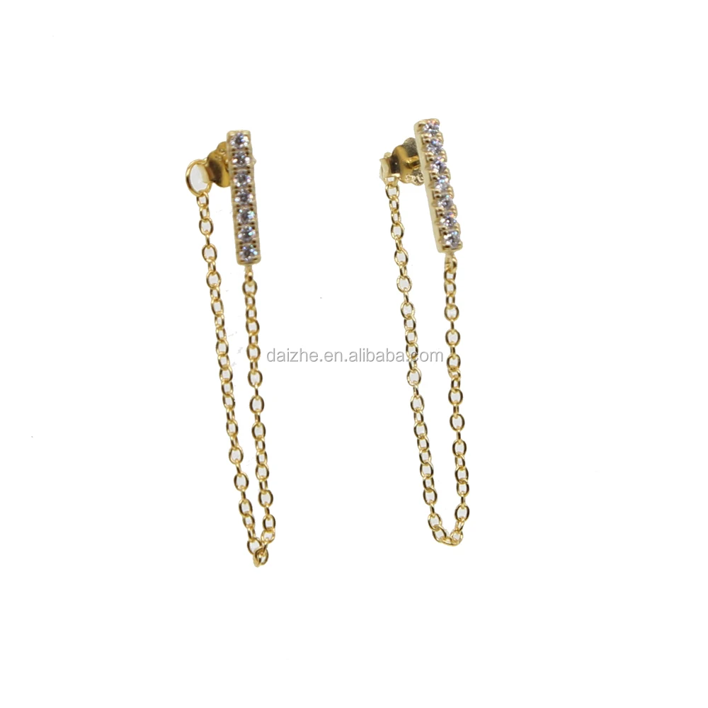 

925 sterling silver bar with cz paved tiny chain earring in gold for young girl fashion ear climber