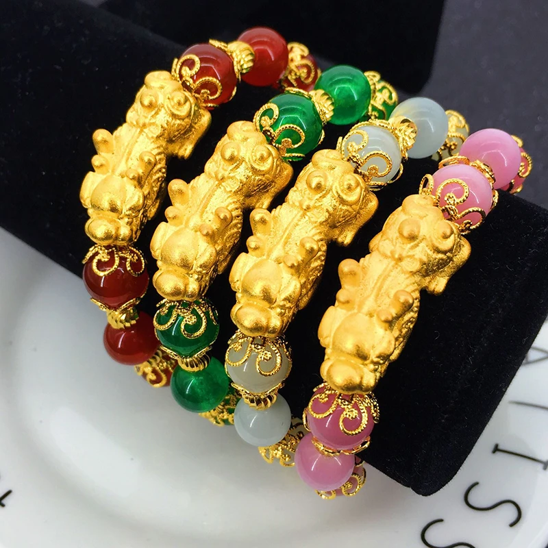 

2019 Hot Style Mens Gold Bracelets No Fade Vietnam Alluvial Gold Simple Pixiu Crystal Beads Bracelets Designs, Gold color