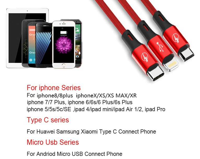 High Quality 3 In 1 Type-C Micro USB Data Charging Cable For Iphone Android and USB C - ANKUX.COM