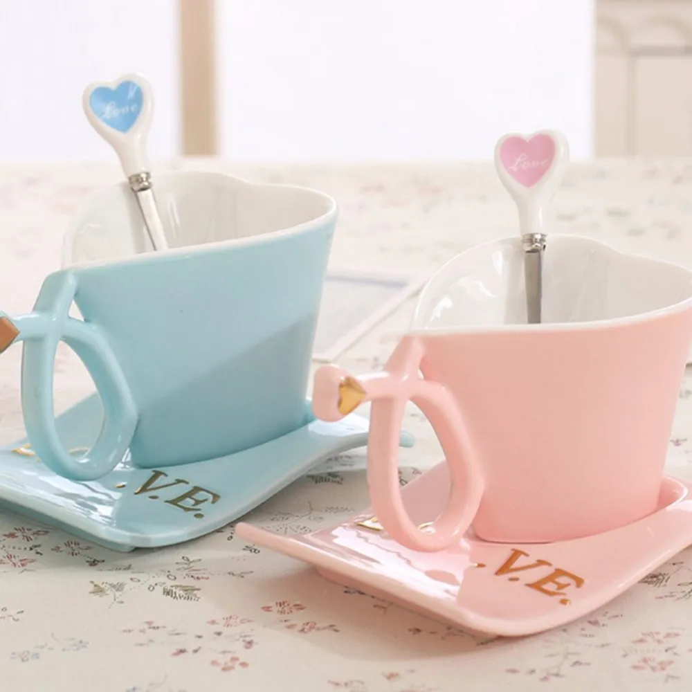 Love Heart Shape Tea Milk Coffee Water Ceramic Cup Set With Matching