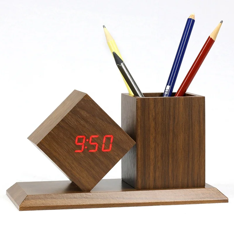 

KH-WC010 Creative Fashion Sound Control Wooden Alarm Digital Display LED Multifunctional Table Bedside Clock With Penholder