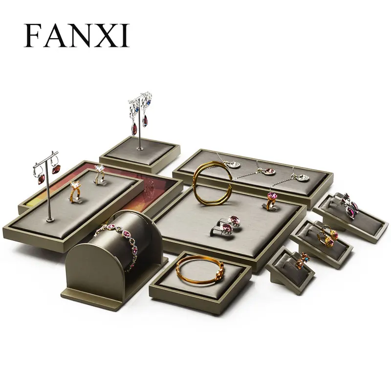 

FANXI Custom Wooden With Lacquer Jewelry Display Stand Kit For Ring Necklace Bracelet Metallic PU leather Jewellery Displays, Champagne or custom