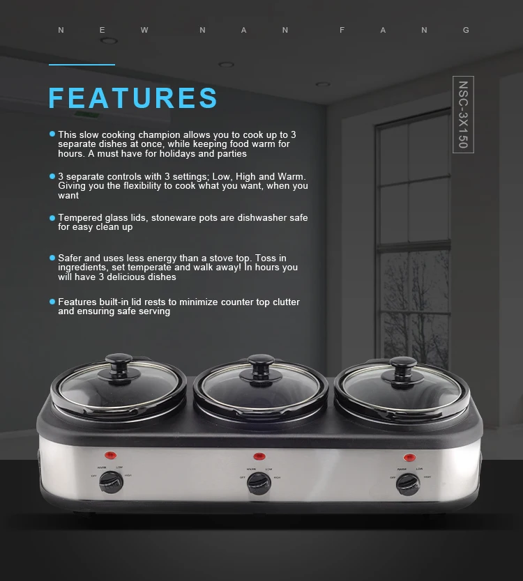 Professional Oval Removable Ceramic Crock Triple Slow Cooker With Glass