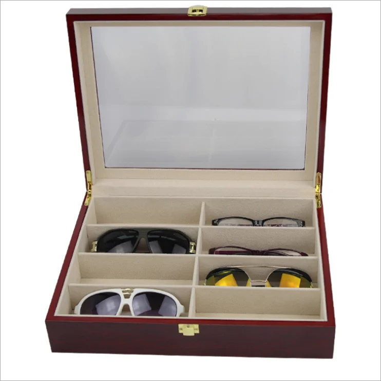 

8 Slot Mahogany Wood Lacquered Sunglasses Storage Display Box Case With Lock, Red as photos