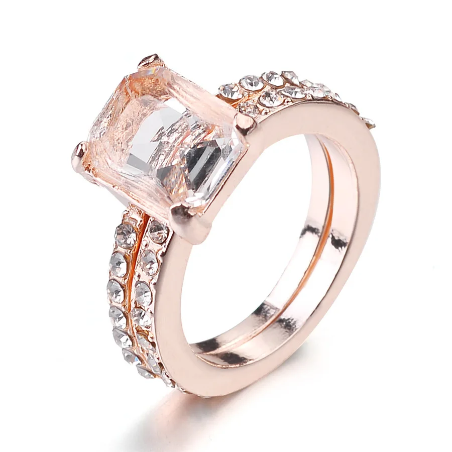 

AliExpress Hot Trendy Pave Crystal Cubic Zirconia Ring 2pcs Set Square Cubic Zirconia Wedding Ring, Silver;gold