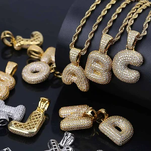 Bling Men's Hip Hop Jewley Gold Silver Color Copper Cubic Zirconia Custom Name Bubble Initial Letters Pendant Necklace (KHP063)