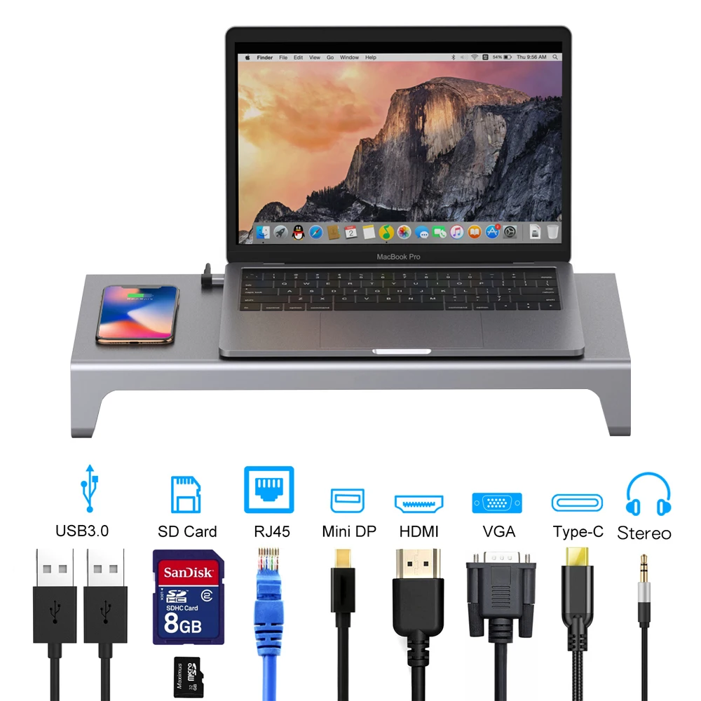 

New Product 12 in 1 Usb Type C Hub Universal Laptop Stand Wireless Charger Adapter, Grey/red