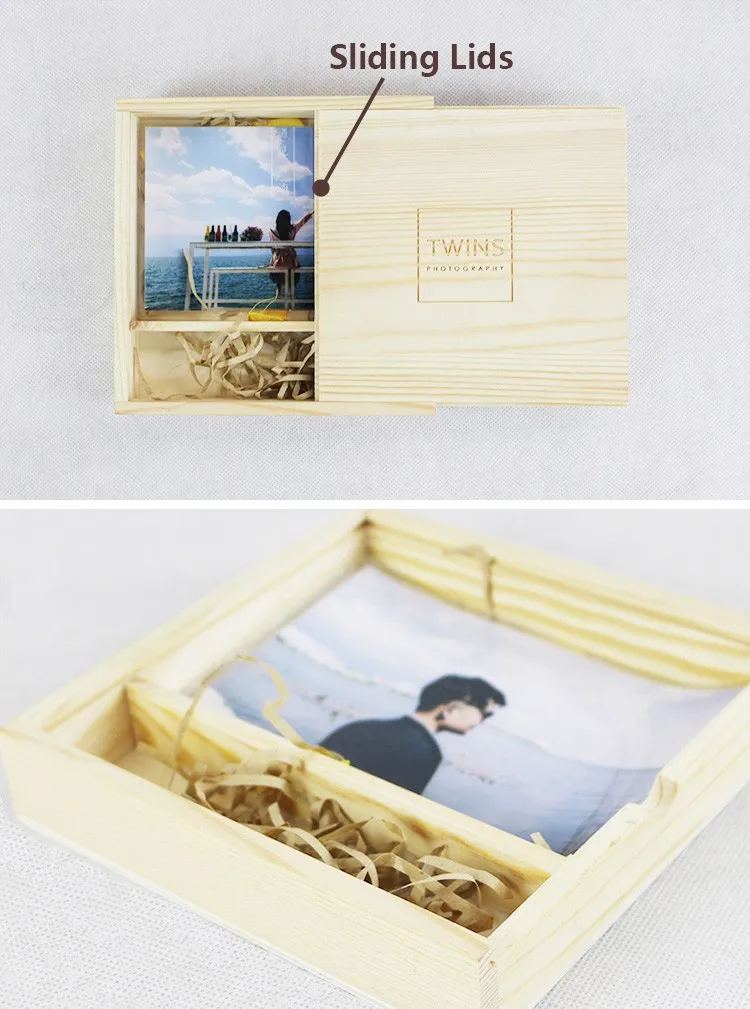 Pine Wood Album Photo Box Studio Gift Custom Wooden Usb Photography Box