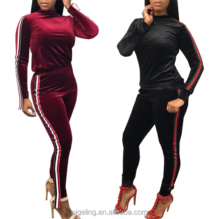 

Fashion Velvet Fabric Women Home Clothing Tracksuit, Wine red;black