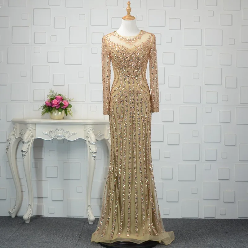 Lsyy019 Long Sleeve Gold Dress Sequined Bead Embroidered Evening Dress ...