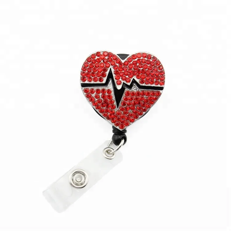 

Rhinestone Red heart ECG shaped Black Enamel ID Name Card Holder Retractable
