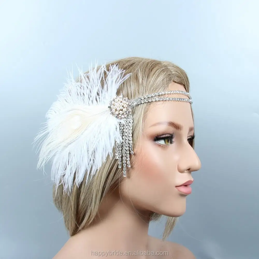 

Lowosaiwor Factory Sales 1920's Gatsby Headpiece Ivory Feather Headband Women Flapper Hair Band HD0046