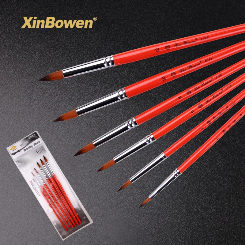 Xinbowen Factory Sale 6 Pcs Red Handle Round Nylon Hair Acrylic Oil