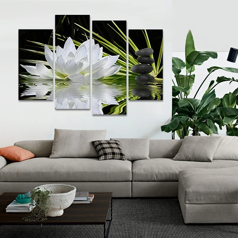 4 Pieces/set Canvas Print Flower White Lotus In Black Wall Art Picture ...