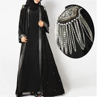 

Front open black voluminous black pearl abaya muslim dress women full length kimono cardigan black with shoulder board