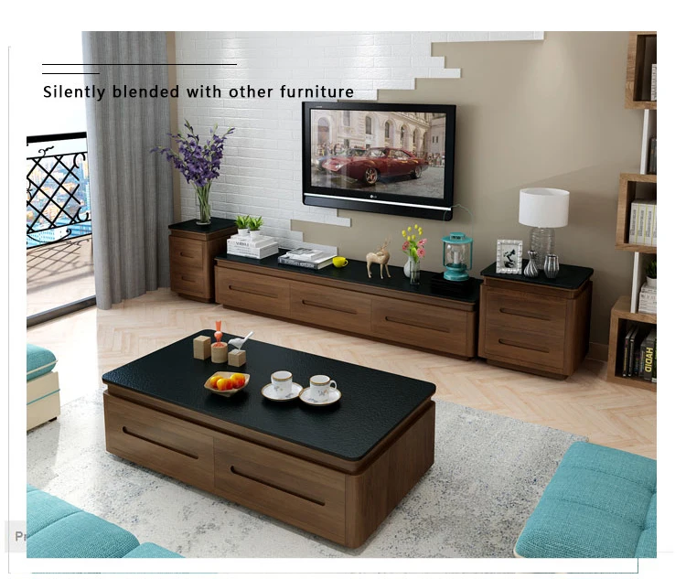 Modern Burning Stone Top Wooden Coffee Table Combination Storage