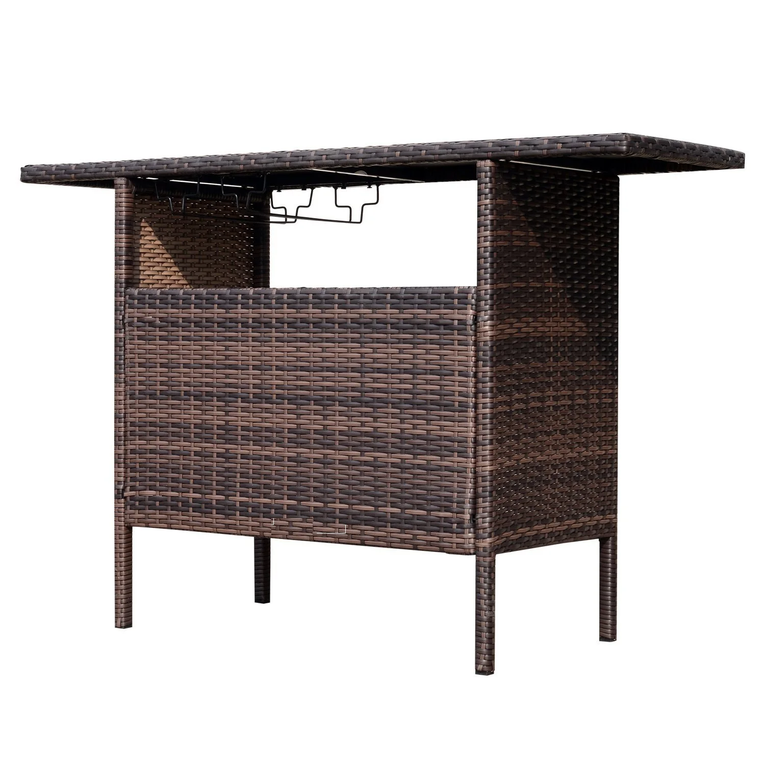 Outdoor Pe Wicker Rattan Patio Bar Serving Table With Storage Shelves