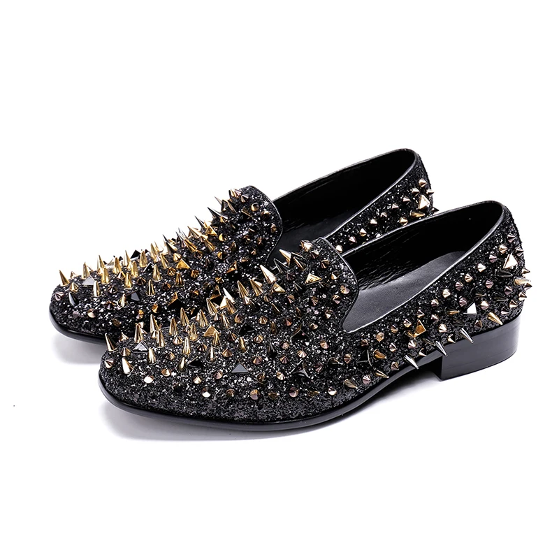 

NA127 2022 Handmade Fashion Men dress shoes rivet Rhinestone Black Gold Party Wedding Shoes flats Driving Shoes Loafers
