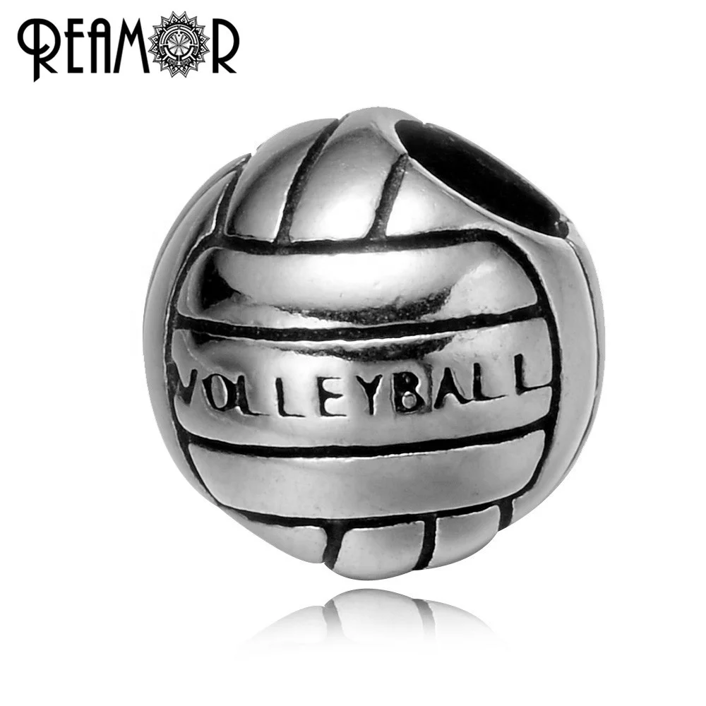 

REAMOR Volleyball Soccer Football Sport Beads 316l Stainless Steel European Big Hole Charms Beads for Jewelry Bracelet Making