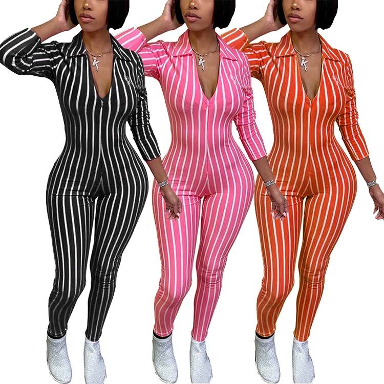 

New Style Long Sleeve Deep V Neck Stripe One Piece Sexy Jumpsuit Women Bodycon Jumpsuit, As picture;can be change