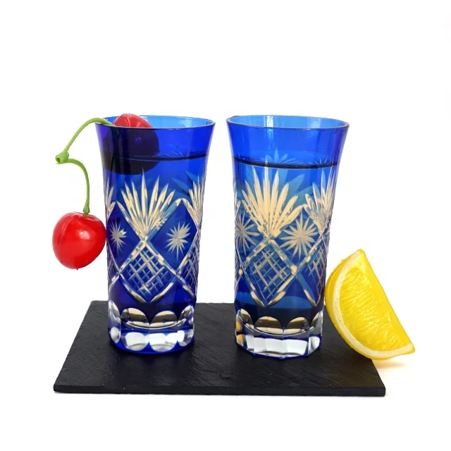 

Hot sale hand embossed overlay cobalt blue shot wine glass cup 110ml, Blue cut to clear