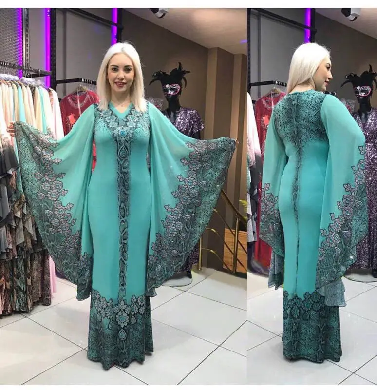 

plus size islamic clothing muslim kaftan abaya burqa fashion design Slim v-neck digital print indonesia kaftan dress formal wear, Beige,pink,blue-green