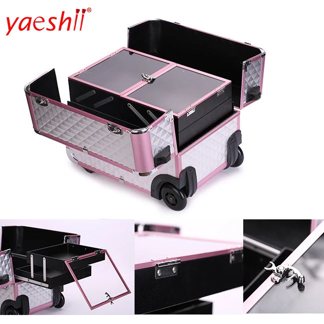 

Yaeshii professional aluminum beauty rolling trolley case train cosmetic makeup Suitcase with wheels, Black/silvery