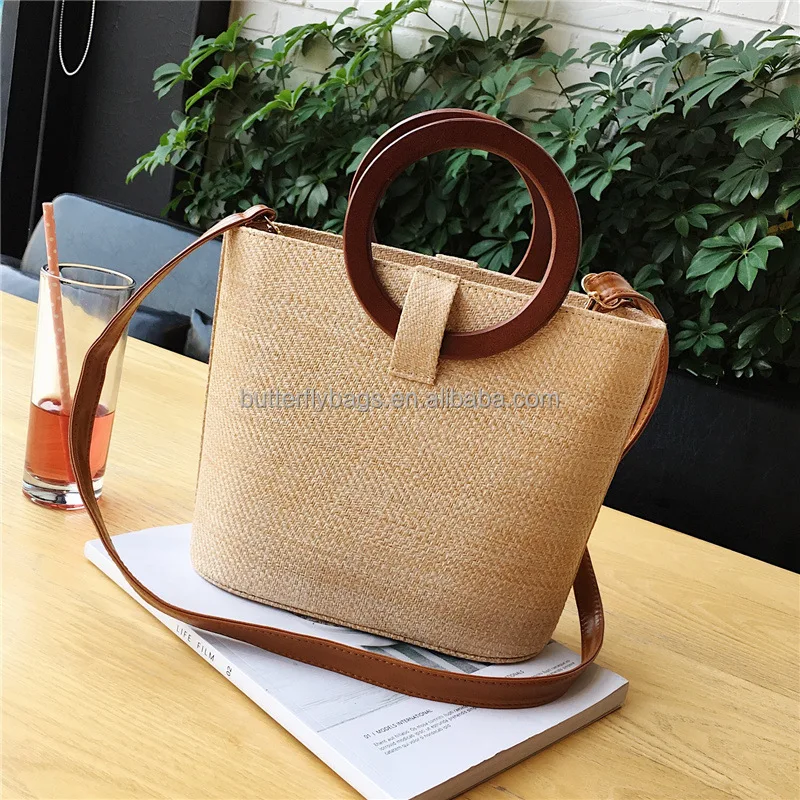 

Custom Straw Bag Women Handbag Handmade Woven Shoulder Beach Bags, Natural