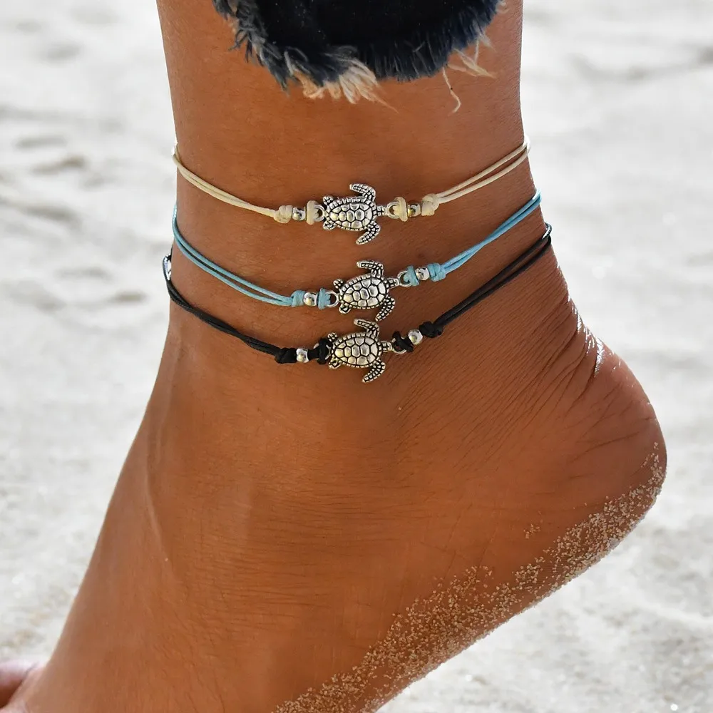 

Bohemian Vintage Hand Rope Ankle Bracelet Personality Alloy Turtle Beach Anklet, Gold silver