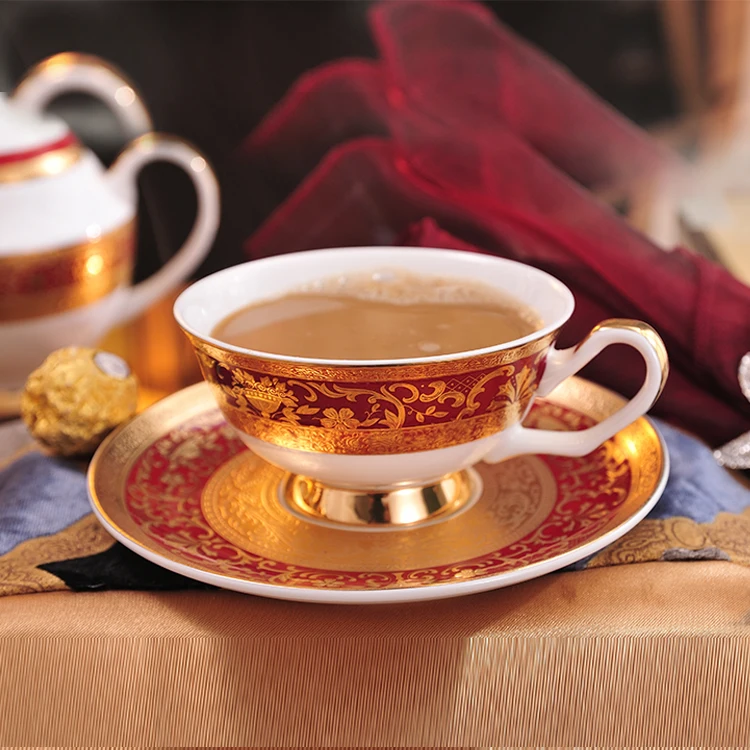 P&T Ware European style dinnerware Bone China gold rim coffee set