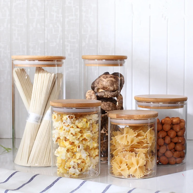 Customized Large Round Frosted Clear Glass Jar With Bamboo Lid Cork Lid