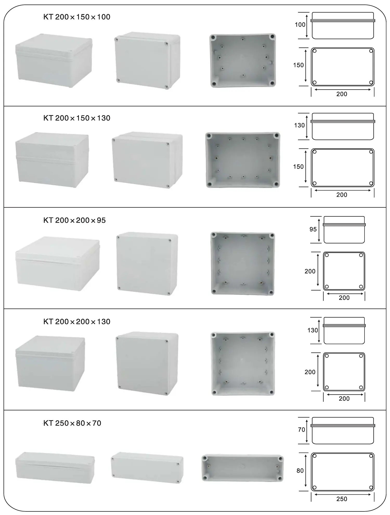 IP67 Waterproof 100x100x75mm 125x125x100mm 175x175x100mm 200x200x130mm ABS or Polycarbonate screw type Electrical Junction Box