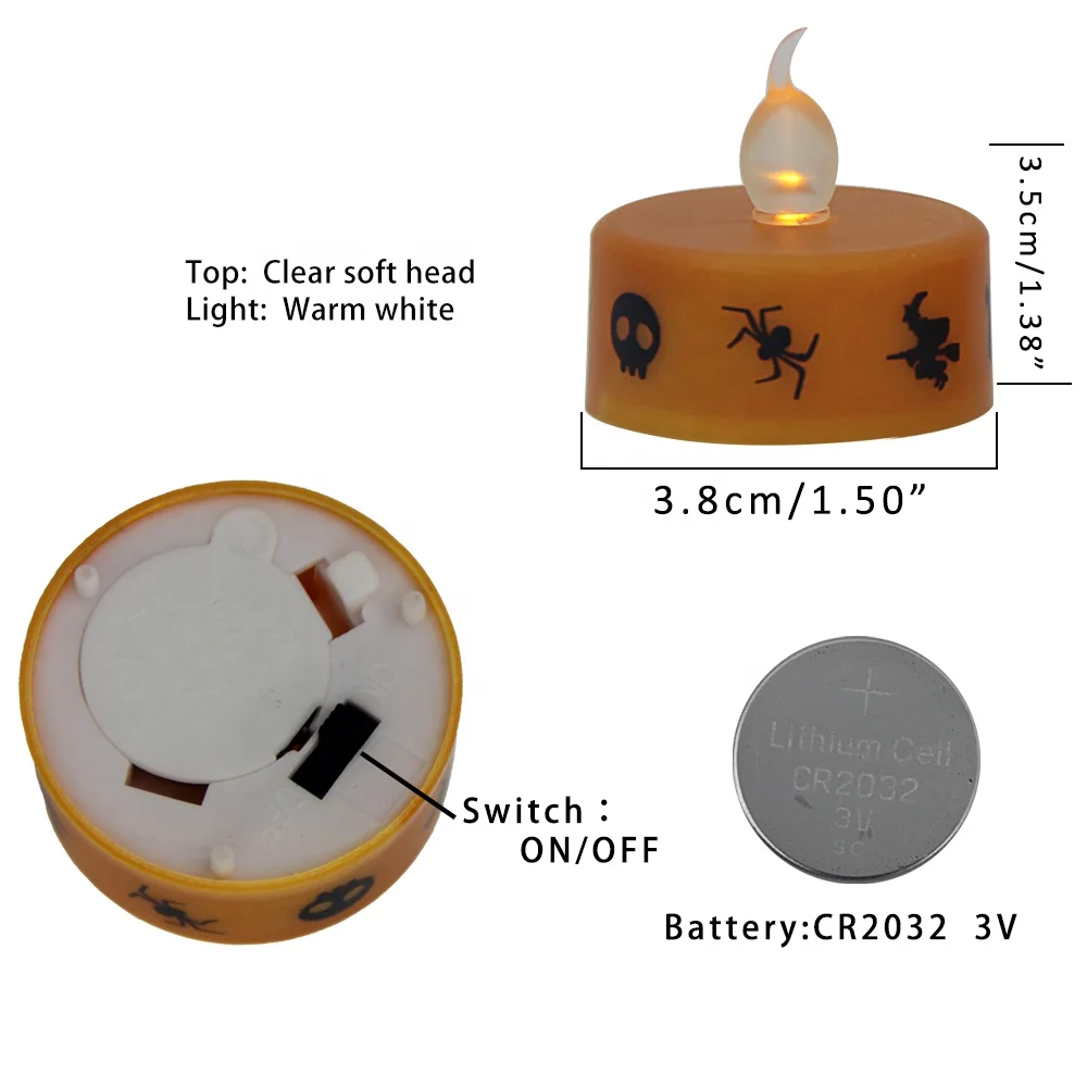 Set 4 of Battery Operated LED Tealight Candles With Halloween Printing
