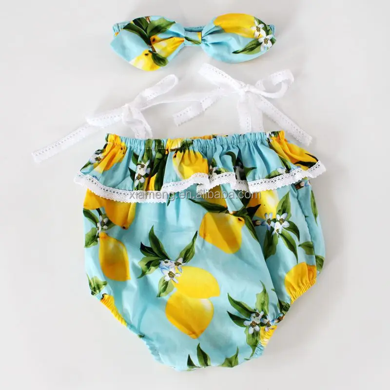 

Blue color in lemon with headband off shoulder floral baby romper, Picture