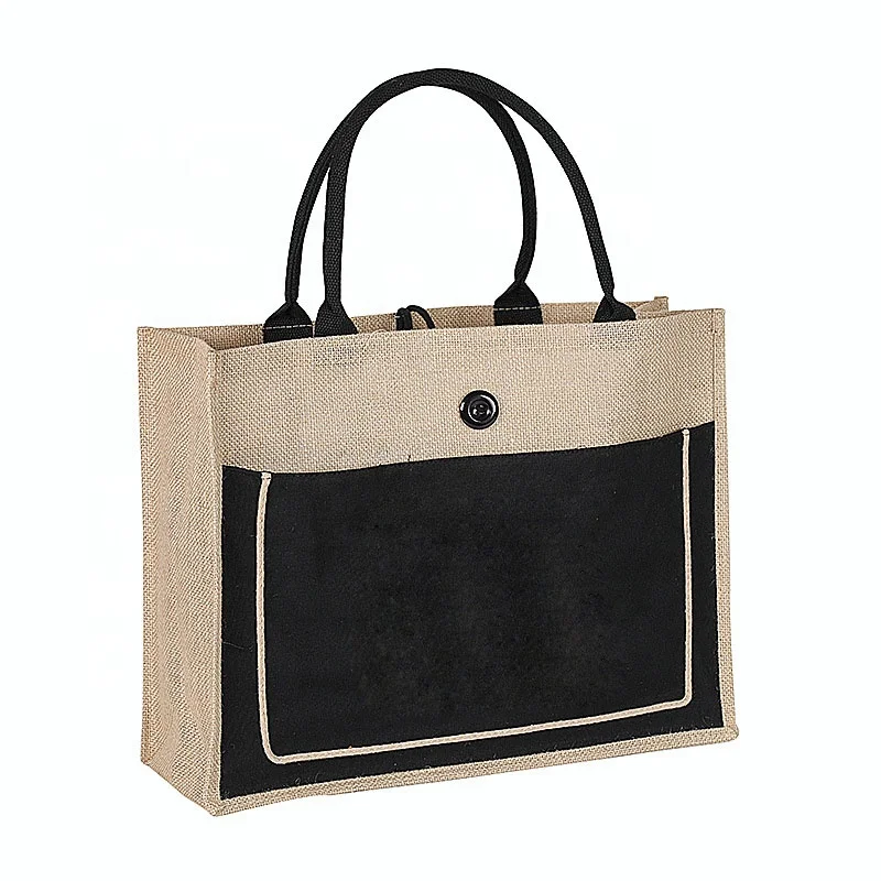 

2022 Customize Logo Eco Friendly Wholesale Reusable Bags Front Canvas Pocket Tote Jute Shopping Bag for Grocery, White,green, blackcolor custom jute shopping bag